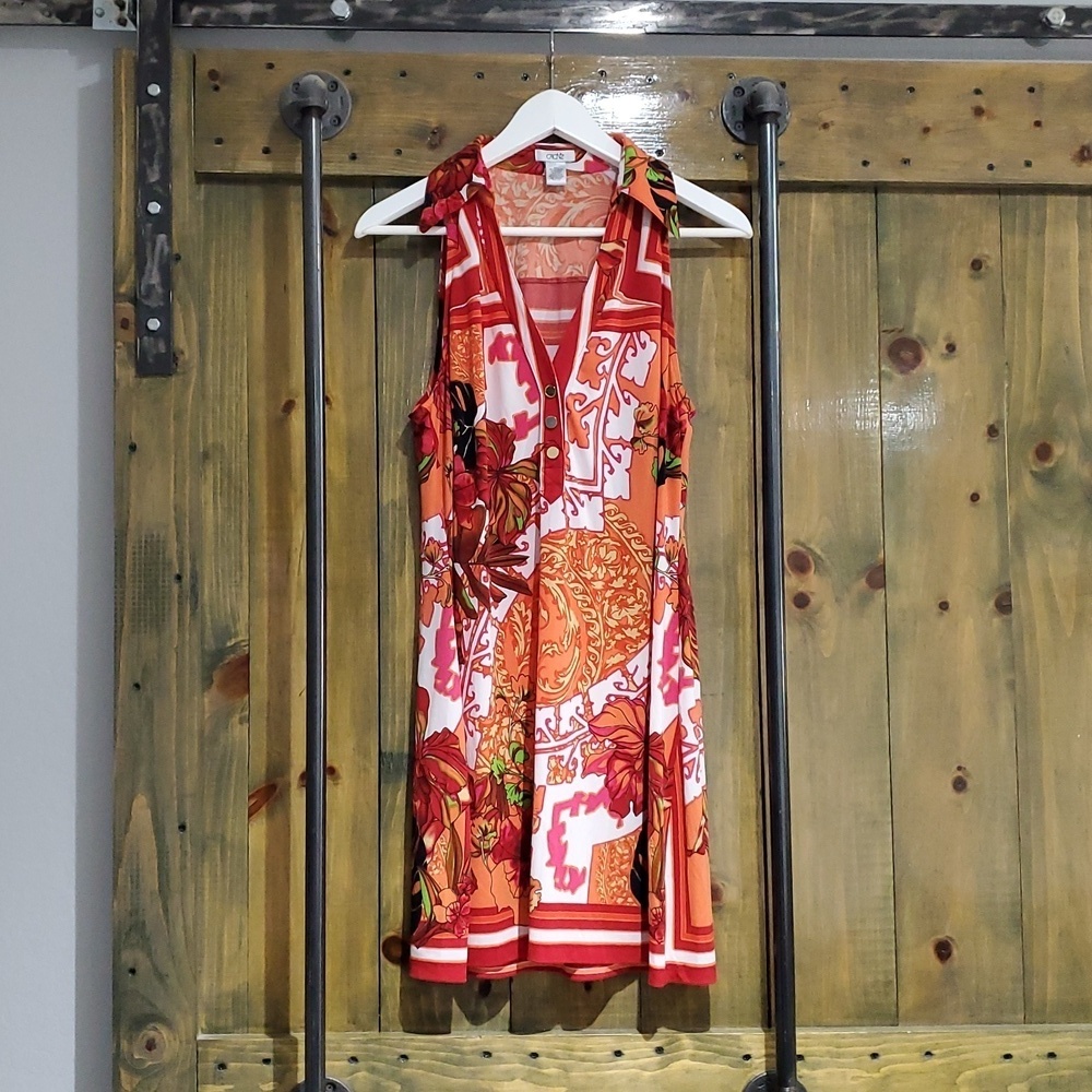 CACHE COLORFUL STATEMENT DRESS GOLD TONE BUTTONS STRETCH ORANGE RED WHITE YELLOW
